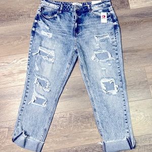 KanCan Acid Wash Distressed Denim Ripped High Waisted Mom Jeans Size 15/31